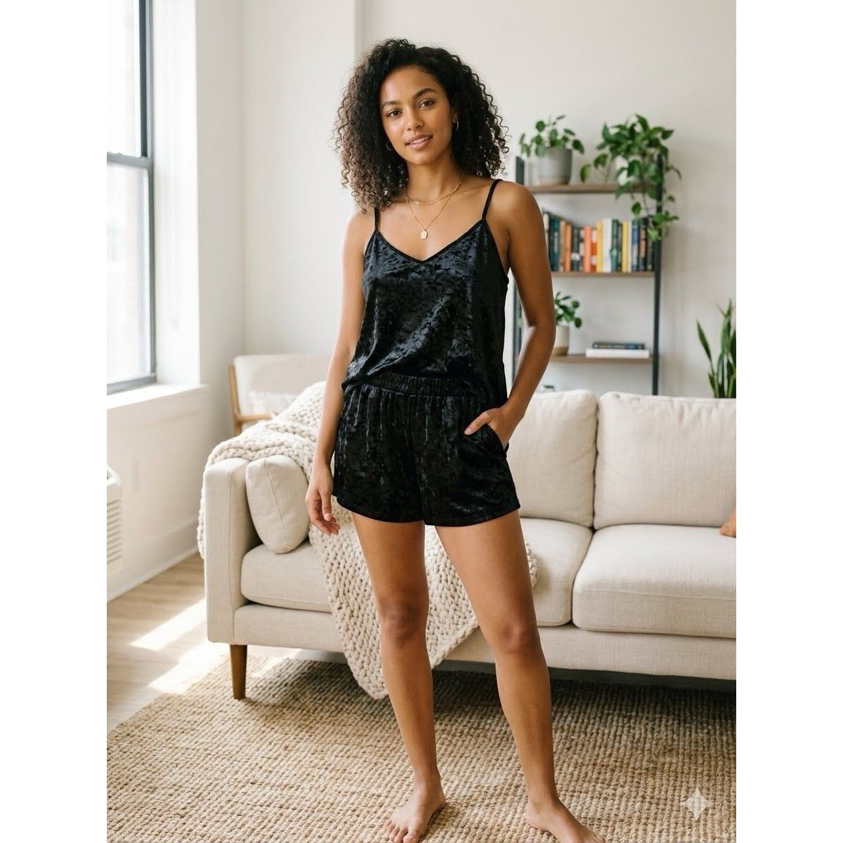Gapbody Velour Black Cami Pajama Set V Neck Sleeveless Women’s Size S
